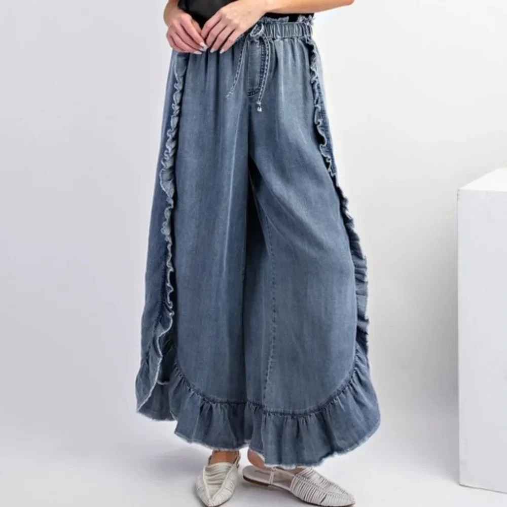 Easel Blue Washed Denim Ruffle Chambray Relaxed Fit Pants New - Picture 5 of 5